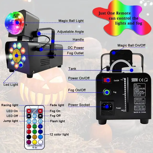 Alt view image 5 of 7 - Fog Machine with Disco Lights, 16 Colorful LED Smoke Machine, Wireless Remote Control for Indoor Outdoor Parties, Stage, DJ, Halloween & Events
