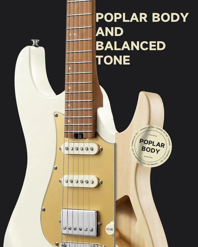 Alt view image 3 of 7 - 39 Inch Electric Guitar, DST-550 Solid Double-cut Poplar Body Electric Guitar for Intermediate & Pro Players, 7 Tone-switching Options & Tremolo Bridge, Bonus Bag, White