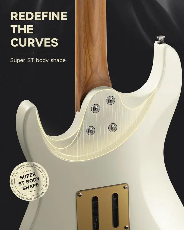 Alt view image 5 of 7 - 39 Inch Electric Guitar, DST-550 Solid Double-cut Poplar Body Electric Guitar for Intermediate & Pro Players, 7 Tone-switching Options & Tremolo Bridge, Bonus Bag, White