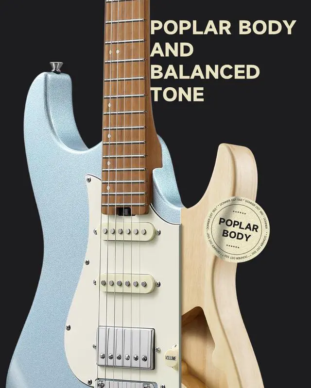 Alt view image 3 of 7 - 39 Inch Electric Guitar, DST-550 Solid Double-cut Poplar Body Electric Guitar for Intermediate & Pro Players, 7 Tone-switching Options & Tremolo Bridge, Bonus Bag, Ice Blue