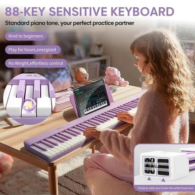 Alt view image 2 of 7 - Portable Piano 88 Keys with Magnetic Connection for Beginners Girls Gifts | Purple Electric Piano Keyboard, Lightweight Keys, Sustain Pedal, Piano Bag