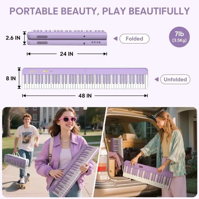 Alt view image 5 of 7 - Portable Piano 88 Keys with Magnetic Connection for Beginners Girls Gifts | Purple Electric Piano Keyboard, Lightweight Keys, Sustain Pedal, Piano Bag