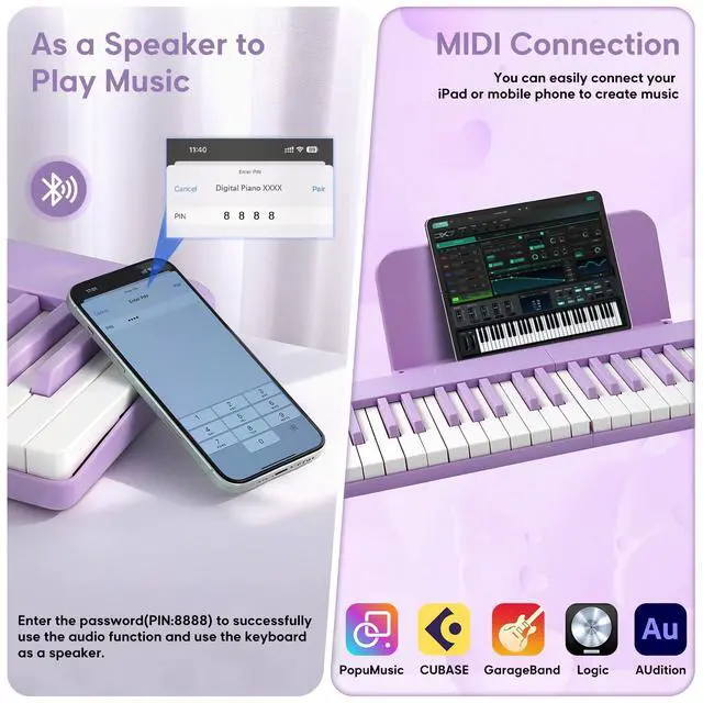 Alt view image 7 of 7 - Portable Piano 88 Keys with Magnetic Connection for Beginners Girls Gifts | Purple Electric Piano Keyboard, Lightweight Keys, Sustain Pedal, Piano Bag