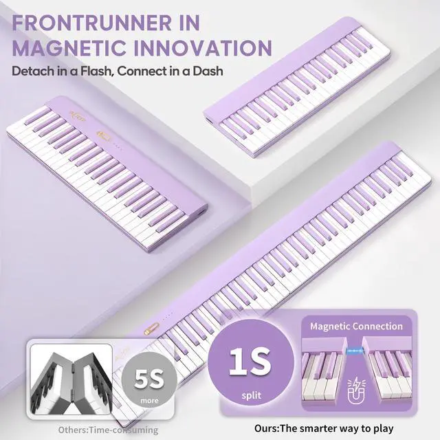 Alt view image 3 of 7 - Portable Piano 88 Keys with Magnetic Connection for Beginners Girls Gifts | Purple Electric Piano Keyboard, Lightweight Keys, Sustain Pedal, Piano Bag