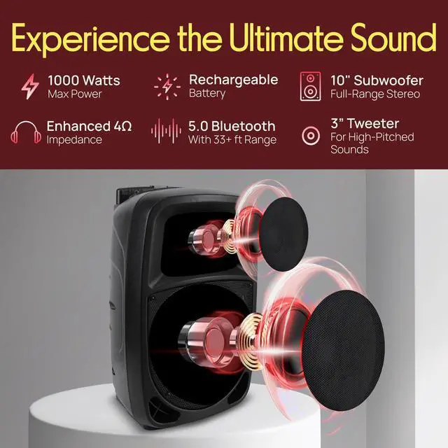 Alt view image 2 of 7 - PSBT105A - 1000W Portable Bluetooth PA Speaker, 10'' Subwoofer, UHF Wireless Mic, MP3/USB/SD, Rechargeable Battery, LED Battery Indicator Lights, Black