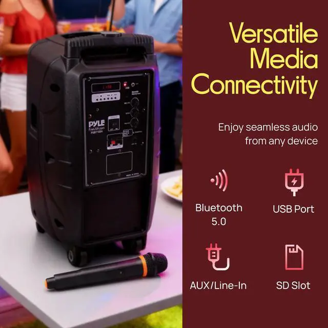 Alt view image 4 of 7 - PSBT105A - 1000W Portable Bluetooth PA Speaker, 10'' Subwoofer, UHF Wireless Mic, MP3/USB/SD, Rechargeable Battery, LED Battery Indicator Lights, Black