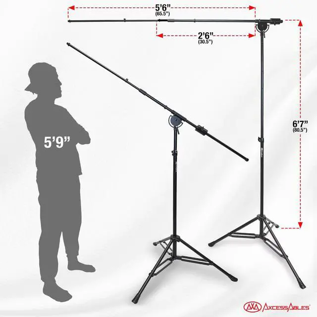 Alt view image 2 of 7 - AxcessAbles AXCMB-T Heavy Duty Microphone Boom Stand with Weighted Tripod Base | 80.5-inch Height Overhead Mic Stand | 65.5-Inch Boom Arm Stand | Shotgun Video Mic Stand | All Metal Construction