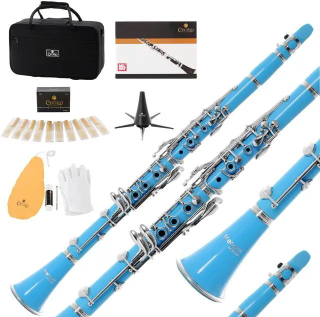 Main image of Ebonite Bb Clarinet Kit for Beginner - Light Blue | B Flat Clarinet Kit with 10 Reeds, Mouthpiece, Cork Grease, Hard Case, Stand, Pocketbook, Cleaning Cloth, Gloves