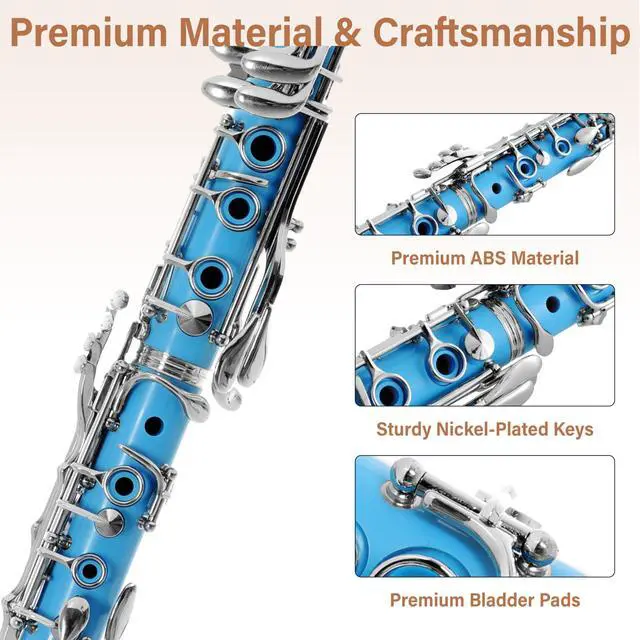 Alt view image 2 of 7 - Ebonite Bb Clarinet Kit for Beginner - Light Blue | B Flat Clarinet Kit with 10 Reeds, Mouthpiece, Cork Grease, Hard Case, Stand, Pocketbook, Cleaning Cloth, Gloves