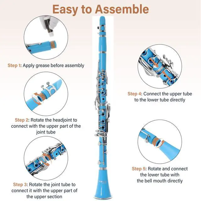 Alt view image 5 of 7 - Ebonite Bb Clarinet Kit for Beginner - Light Blue | B Flat Clarinet Kit with 10 Reeds, Mouthpiece, Cork Grease, Hard Case, Stand, Pocketbook, Cleaning Cloth, Gloves