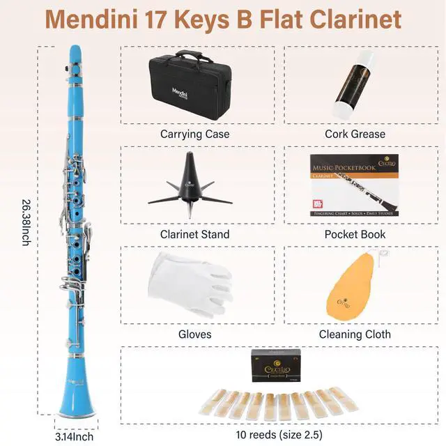 Alt view image 6 of 7 - Ebonite Bb Clarinet Kit for Beginner - Light Blue | B Flat Clarinet Kit with 10 Reeds, Mouthpiece, Cork Grease, Hard Case, Stand, Pocketbook, Cleaning Cloth, Gloves