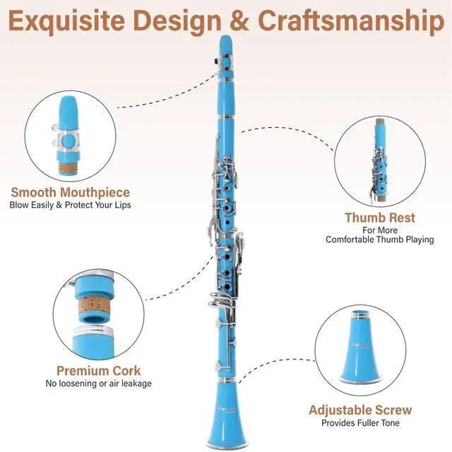 Alt view image 3 of 7 - Ebonite Bb Clarinet Kit for Beginner - Light Blue | B Flat Clarinet Kit with 10 Reeds, Mouthpiece, Cork Grease, Hard Case, Stand, Pocketbook, Cleaning Cloth, Gloves