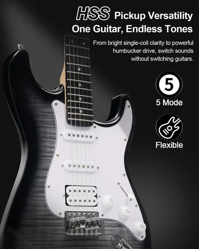 Alt view image 2 of 7 - UST-200 Beginner Electric Guitar Kit HSS Pickup, Versatile 5-Way Switch for Clean to High-Gain Tone, Full-Size ST Style Guitar for Starter & Intermediate Players, Gig Bag, Digital Tuner Black