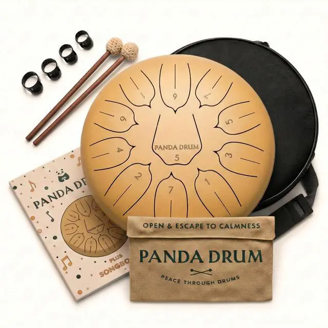 Main image of Plus (Sandstone) | Steel Tongue Handpan with Music Book, Mallets, Carrying Bag, Finger Picks | 11 inch, 432 Hz | Rain Drum for Inside, Outside | Calming Musical Instrument for Adults, Kids