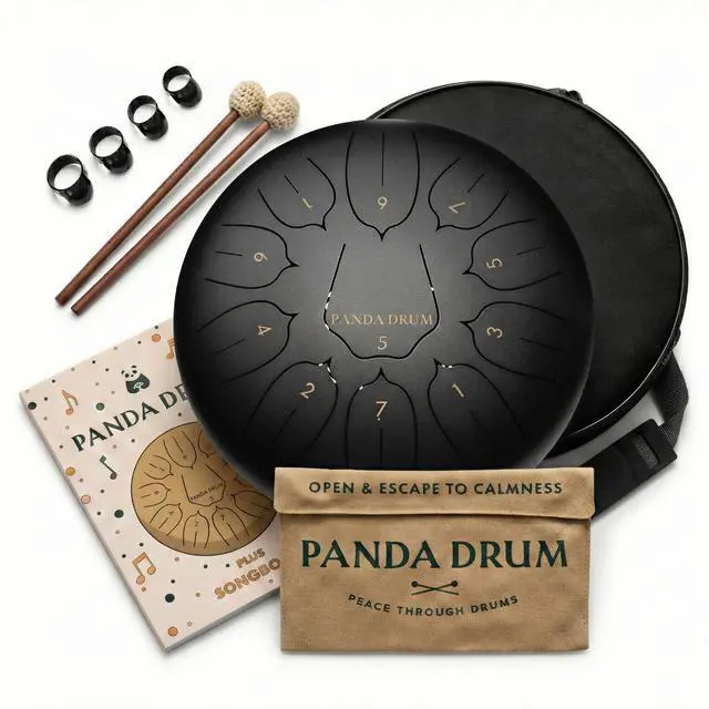 Main image of Plus (Black) | Steel Tongue Handpan with Music Book, Mallets, Carrying Bag & Finger Picks | 11 inch, 432 Hz | Rain Drum for Inside & Outside | Calming Musical Instrument for Adults & Kids