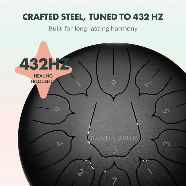 Alt view image 4 of 7 - Plus (Black) | Steel Tongue Handpan with Music Book, Mallets, Carrying Bag & Finger Picks | 11 inch, 432 Hz | Rain Drum for Inside & Outside | Calming Musical Instrument for Adults & Kids