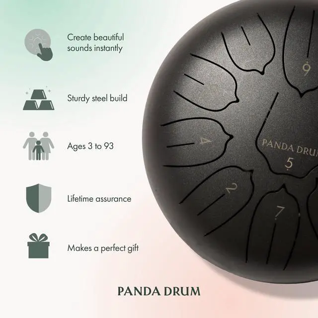 Alt view image 5 of 7 - Plus (Black) | Steel Tongue Handpan with Music Book, Mallets, Carrying Bag & Finger Picks | 11 inch, 432 Hz | Rain Drum for Inside & Outside | Calming Musical Instrument for Adults & Kids