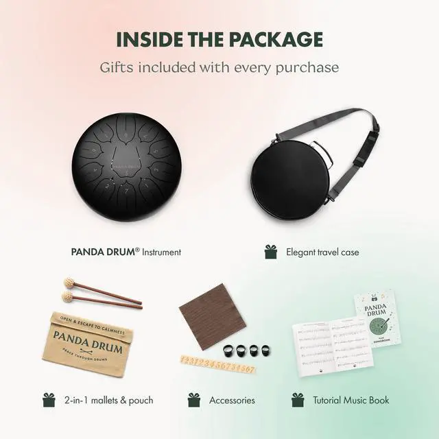 Alt view image 6 of 7 - Plus (Black) | Steel Tongue Handpan with Music Book, Mallets, Carrying Bag & Finger Picks | 11 inch, 432 Hz | Rain Drum for Inside & Outside | Calming Musical Instrument for Adults & Kids