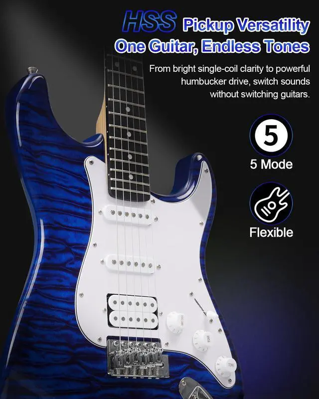 Alt view image 2 of 7 - UST-200 Beginner Electric Guitar Kit HSS Pickup, Versatile 5-Way Switch for Clean to High-Gain Tone Full-Size ST Style Guitar for Starter & Intermediate Player Gig Bag Digital Tuner Blue Burst