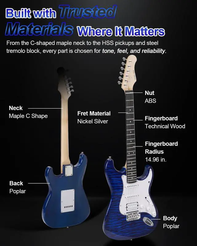 Alt view image 4 of 7 - UST-200 Beginner Electric Guitar Kit HSS Pickup, Versatile 5-Way Switch for Clean to High-Gain Tone Full-Size ST Style Guitar for Starter & Intermediate Player Gig Bag Digital Tuner Blue Burst