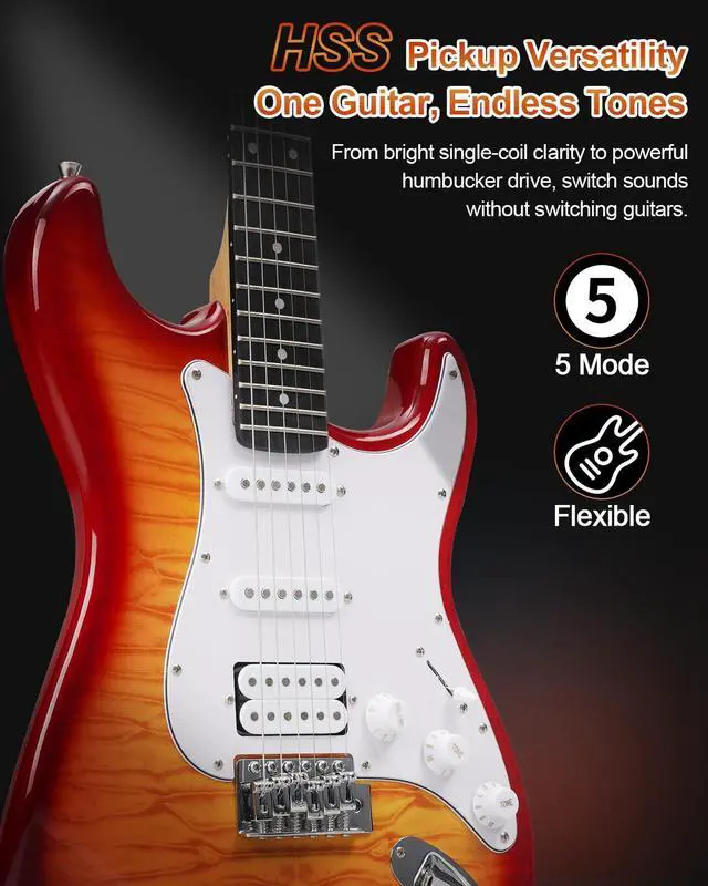 Alt view image 2 of 7 - UST-200 Beginner Electric Guitar Kit HSS Pickup, Versatile 5-Way Switch for Clean to High-Gain Tone, Full-Size ST Style Guitar for Starter & Intermediate Players, Gig Bag, Digital Tuner Amber
