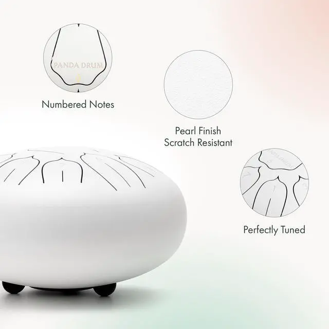Alt view image 3 of 7 - Plus (White) | Steel Tongue Handpan with Music Book, Mallets, Carrying Bag & Finger Picks | 11 inch, 432 Hz | Rain Drum for Inside & Outside | Calming Musical Instrument for Adults & Kids