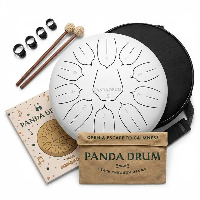 Main image of Plus (White) | Steel Tongue Handpan with Music Book, Mallets, Carrying Bag & Finger Picks | 11 inch, 432 Hz | Rain Drum for Inside & Outside | Calming Musical Instrument for Adults & Kids