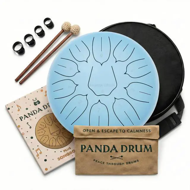 Main image of Plus (Blue) | Steel Tongue Handpan with Music Book, Mallets, Carrying Bag & Finger Picks | 11 inch, 432 Hz | Rain Drum for Inside & Outside | Calming Musical Instrument for Adults & Kids