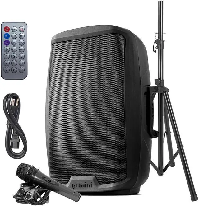 Main image of 15" Bluetooth PA Speaker & Stand, 1000 Watts (AS-2115BT-PK) | 15" powered PA with tripod stand & mic - XLR/1/4" mic, guitar, RCA, XLR out - Bluetooth, USB, SD