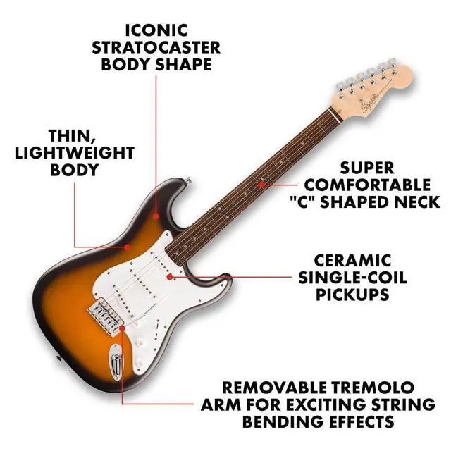 Alt view image 2 of 5 - Squier Debut Stratocaster Beginner Electric Guitar, 2-Color Sunburst | Starter electric guitar for kids and adults, free lessons included, Strat-style, under $200