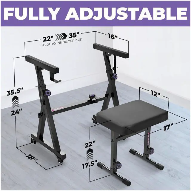 Alt view image 2 of 6 - Piano Keyboard Stand and Bench Set - Portable Heavy Duty Music Stand for 54-88 Key Electric Pianos & Adjustable Piano Bench, Stool - Sturdy Keyboard Music Accessories w/ Wheels and Seat