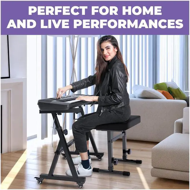 Alt view image 6 of 6 - Piano Keyboard Stand and Bench Set - Portable Heavy Duty Music Stand for 54-88 Key Electric Pianos & Adjustable Piano Bench, Stool - Sturdy Keyboard Music Accessories w/ Wheels and Seat