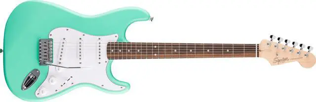 Main image of Squier Debut Stratocaster Beginner Electric Guitar, Sea Foam Green | Starter electric guitar for kids and adults, free lessons, iconic Strat shape, satin urethane finish