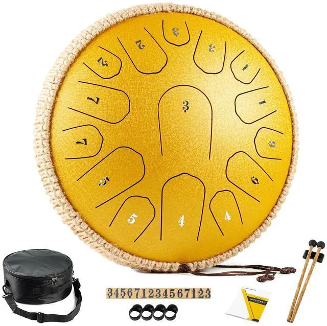 Main image of Steel Tongue Drum - 13 Inches 15 Notes Tongue Drum - Hand Pan Drum with Music Book, Drums Mallets and Carry Bag, D Major (Yellow)