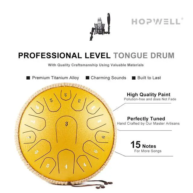 Alt view image 3 of 6 - Steel Tongue Drum - 13 Inches 15 Notes Tongue Drum - Hand Pan Drum with Music Book, Drums Mallets and Carry Bag, D Major (Yellow)