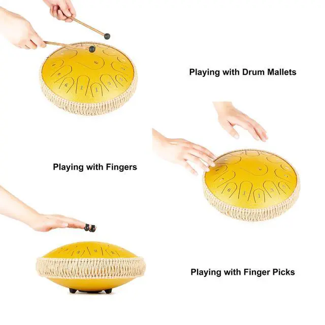 Alt view image 4 of 6 - Steel Tongue Drum - 13 Inches 15 Notes Tongue Drum - Hand Pan Drum with Music Book, Drums Mallets and Carry Bag, D Major (Yellow)