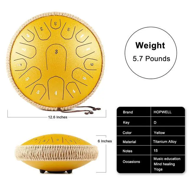 Alt view image 5 of 6 - Steel Tongue Drum - 13 Inches 15 Notes Tongue Drum - Hand Pan Drum with Music Book, Drums Mallets and Carry Bag, D Major (Yellow)