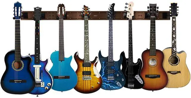 Main image of Guitar Wall Mount Hangers, Holds 8 Guitars, Aluminum Metal Guitar Stand Bass Holder, Wood Grain Base Plate Rack, Adjustable Instruments Display Set for Ukulele Banjo (W81.5in, 8 Hangers)
