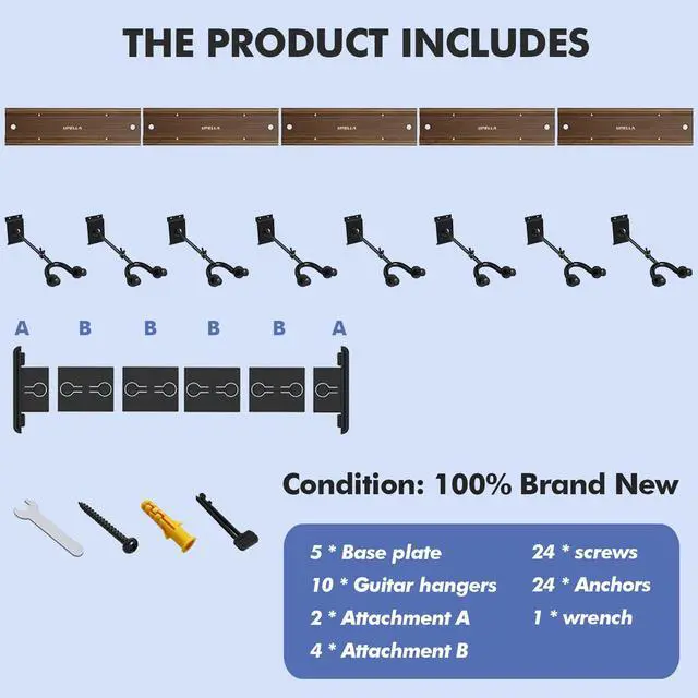 Alt view image 2 of 7 - Guitar Wall Mount Hangers, Holds 8 Guitars, Aluminum Metal Guitar Stand Bass Holder, Wood Grain Base Plate Rack, Adjustable Instruments Display Set for Ukulele Banjo (W81.5in, 8 Hangers)