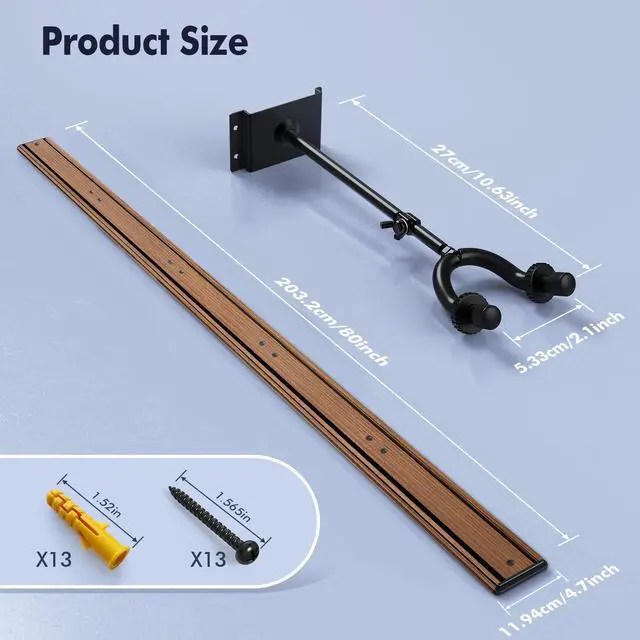 Alt view image 7 of 7 - Guitar Wall Mount Hangers, Holds 8 Guitars, Aluminum Metal Guitar Stand Bass Holder, Wood Grain Base Plate Rack, Adjustable Instruments Display Set for Ukulele Banjo (W81.5in, 8 Hangers)