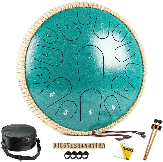 Main image of Steel Tongue Drum - 13 Inches 15 Notes Tongue Drum - Hand Pan Drum with Music Book, Handpan Drums Mallets and Carry Bag, D Major (Malachite Green)