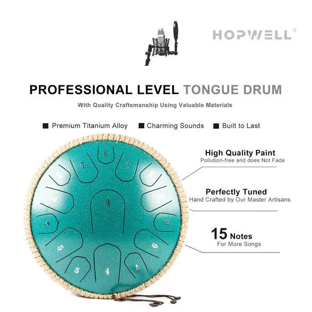 Alt view image 3 of 6 - Steel Tongue Drum - 13 Inches 15 Notes Tongue Drum - Hand Pan Drum with Music Book, Handpan Drums Mallets and Carry Bag, D Major (Malachite Green)