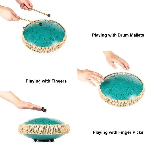 Alt view image 4 of 6 - Steel Tongue Drum - 13 Inches 15 Notes Tongue Drum - Hand Pan Drum with Music Book, Handpan Drums Mallets and Carry Bag, D Major (Malachite Green)