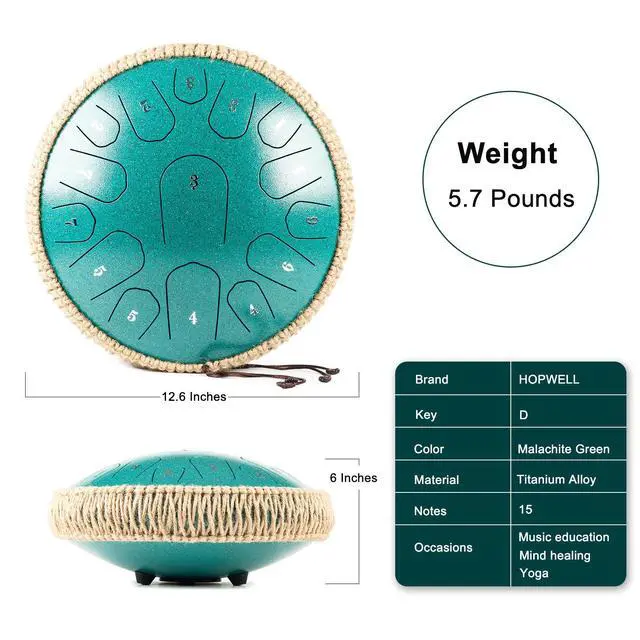 Alt view image 5 of 6 - Steel Tongue Drum - 13 Inches 15 Notes Tongue Drum - Hand Pan Drum with Music Book, Handpan Drums Mallets and Carry Bag, D Major (Malachite Green)