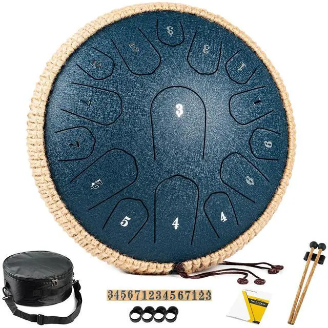 Main image of Steel Tongue Drum - 13 Inches 15 Notes Tongue Drum - Hand Pan Drum with Music Book, Handpan Drums Mallets and Carry Bag, D Major (Navy Blue)