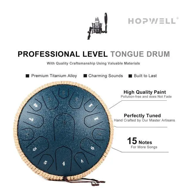 Alt view image 3 of 6 - Steel Tongue Drum - 13 Inches 15 Notes Tongue Drum - Hand Pan Drum with Music Book, Handpan Drums Mallets and Carry Bag, D Major (Navy Blue)