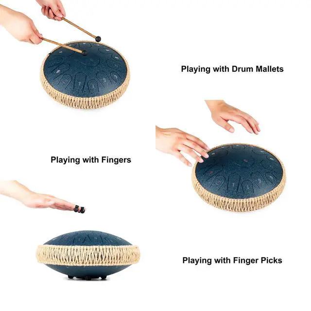 Alt view image 4 of 6 - Steel Tongue Drum - 13 Inches 15 Notes Tongue Drum - Hand Pan Drum with Music Book, Handpan Drums Mallets and Carry Bag, D Major (Navy Blue)