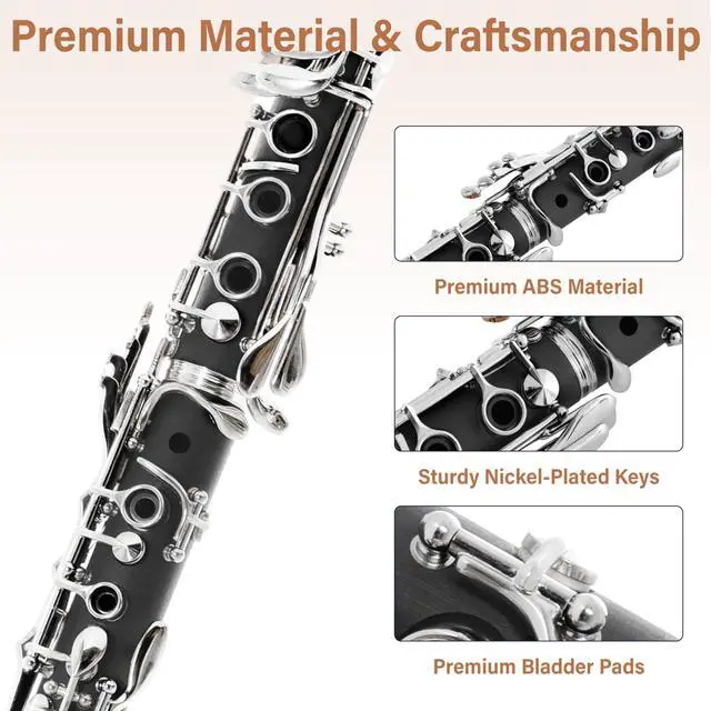 Alt view image 2 of 7 - Ebonite Bb Clarinet Kit for Beginner - Black | B Flat Clarinet Kit with 10 Reeds, Mouthpiece, Cork Grease, Hard Case, Stand, Pocketbook, Cleaning Cloth, Gloves