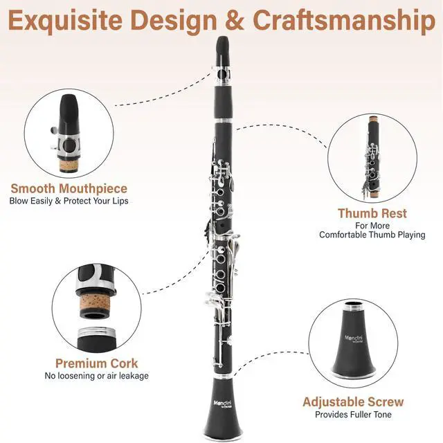 Alt view image 3 of 7 - Ebonite Bb Clarinet Kit for Beginner - Black | B Flat Clarinet Kit with 10 Reeds, Mouthpiece, Cork Grease, Hard Case, Stand, Pocketbook, Cleaning Cloth, Gloves