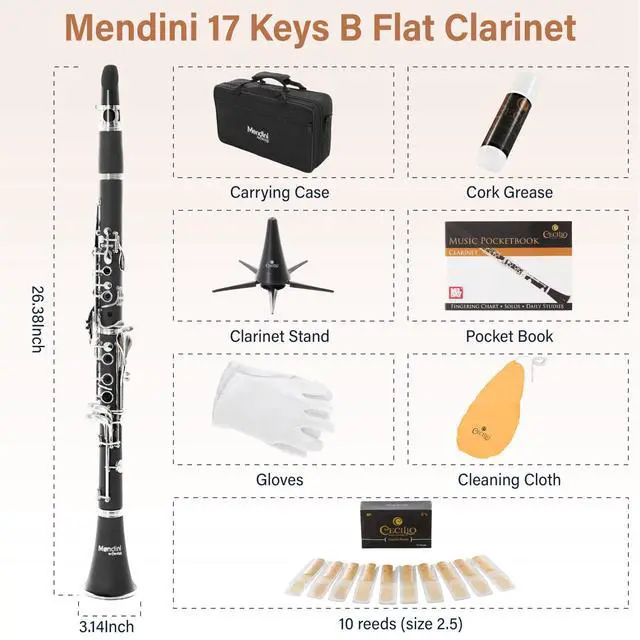 Alt view image 5 of 7 - Ebonite Bb Clarinet Kit for Beginner - Black | B Flat Clarinet Kit with 10 Reeds, Mouthpiece, Cork Grease, Hard Case, Stand, Pocketbook, Cleaning Cloth, Gloves